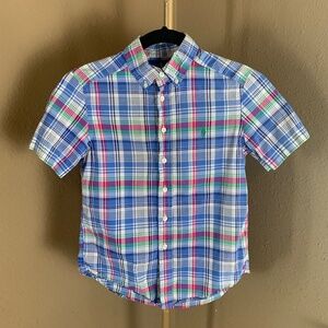 Ralph Lauren Boys Plaid Button Down Shirt Blue Pink Green Pony Logo Size 8 Prepp